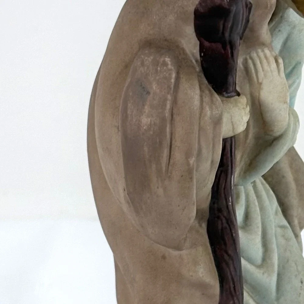 Saint Joseph Nativity Figurine Brown Blue Ceramic Standing with Staff